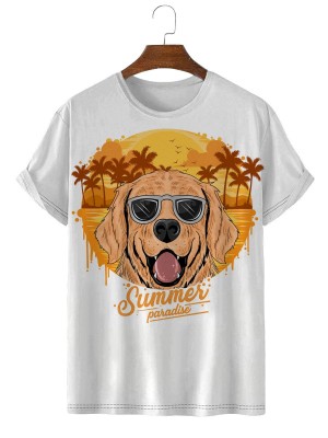 Summer Golden Dog Coconut Tree Island Casual Short Sleeve T-Shirt